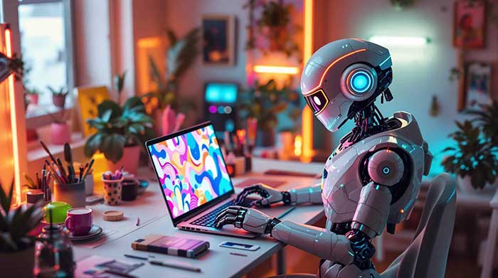 ربات در حال کار با لپتاپ